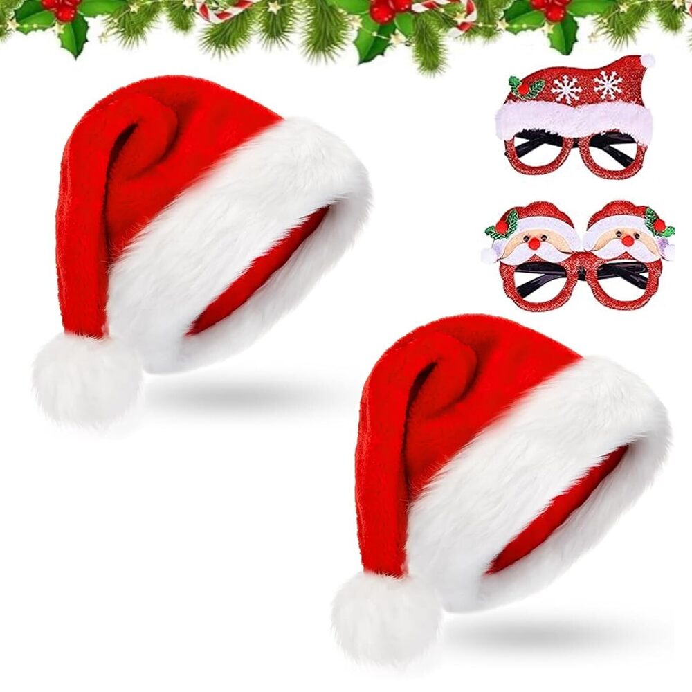 7322 Santa Christmas Hat, 2pcs Santa Hat Holiday for Adults Unisex Velvet